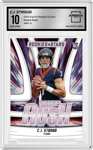 C.J. Stroud from the 2023 Panini Rookies & Stars set graded by Arena Club and given an overall grade of 10.