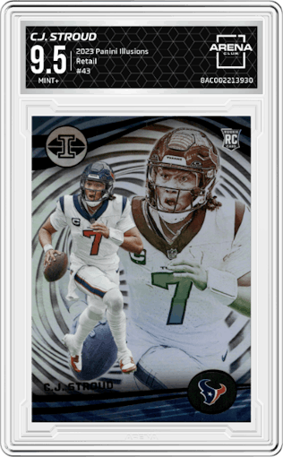 C.J. Stroud from the 2023 Panini Illusions set featuring a Retail parallel graded by Arena Club and given an overall grade of 9.5.