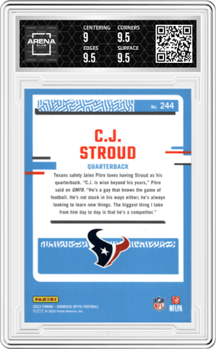 C.J. Stroud from the 2023 Donruss Optic set graded by Arena Club and given an overall grade of 9.5.