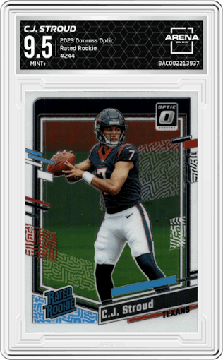 C.J. Stroud from the 2023 Donruss Optic set graded by Arena Club and given an overall grade of 9.5.
