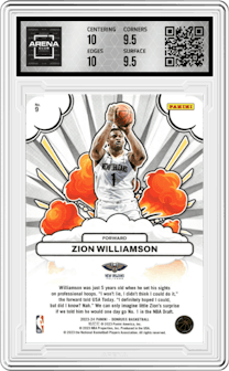 Zion Williamson from the 2023-24 Panini Donruss set graded by Arena Club and given an overall grade of 10.