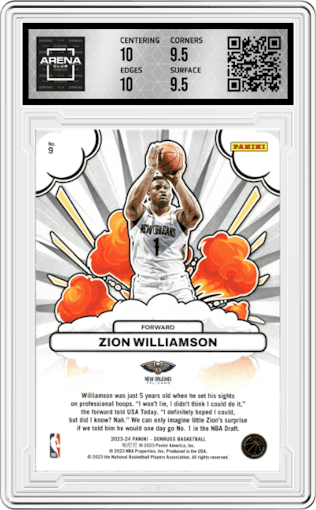 Zion Williamson from the 2023-24 Panini Donruss set graded by Arena Club and given an overall grade of 10.