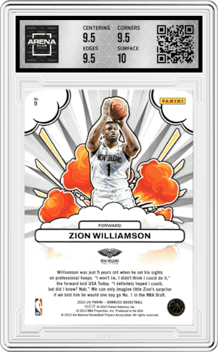 Zion Williamson from the 2023-24 Panini Donruss set graded by Arena Club and given an overall grade of 10.