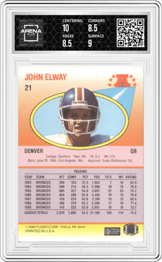 John Elway from the 1990 Fleer set graded by Arena Club and given an overall grade of 9.