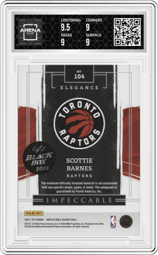 Scottie Barnes from the 2021-22 Panini Impeccable  set featuring a Black Box parallel graded by Arena Club and given an overall grade of 9.