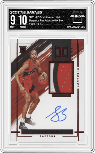 Scottie Barnes from the 2021-22 Panini Impeccable  set featuring a Black Box parallel graded by Arena Club and given an overall grade of 9.