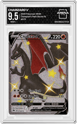 Charizard V from the 2020 Pokemon SWSH set graded by Arena Club and given an overall grade of 9.5.
