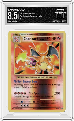 Charizard  from the 2016 Pokemon XY set graded by Arena Club and given an overall grade of 8.5.
