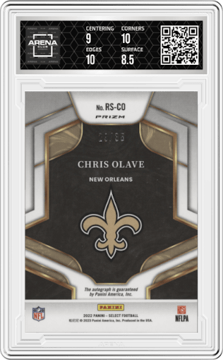 Chris Olave from the 2022 Panini Select set featuring a White Prizm parallel graded by Arena Club and given an overall grade of 9.