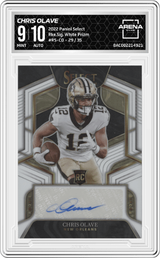 Chris Olave from the 2022 Panini Select set featuring a White Prizm parallel graded by Arena Club and given an overall grade of 9.