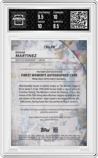 Edgar Martinez from the 2024 Topps Finest set featuring a Gold Refractor parallel graded by Arena Club and given an overall grade of 9.