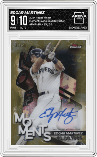 Edgar Martinez from the 2024 Topps Finest set featuring a Gold Refractor parallel graded by Arena Club and given an overall grade of 9.