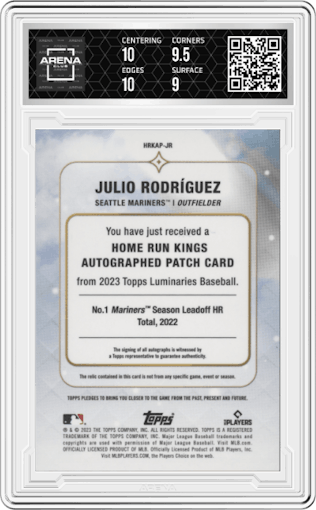 Julio Rodriguez from the 2023 Topps Luminaries set graded by Arena Club and given an overall grade of 9.5.