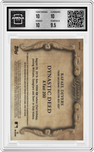 Rafael Devers from the 2021 Topps Dynasty set featuring a Silver parallel graded by Arena Club and given an overall grade of 10.