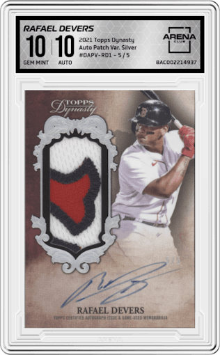 Rafael Devers from the 2021 Topps Dynasty set featuring a Silver parallel graded by Arena Club and given an overall grade of 10.