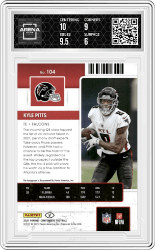 Kyle Pitts from the 2021 Panini Contenders   set featuring a Playoff Ticket  parallel graded by Arena Club and given an overall grade of 6.5.