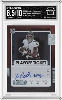 Kyle Pitts from the 2021 Panini Contenders   set featuring a Playoff Ticket  parallel graded by Arena Club and given an overall grade of 6.5.