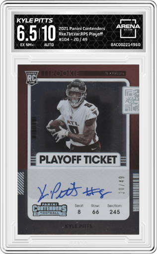 Kyle Pitts from the 2021 Panini Contenders   set featuring a Playoff Ticket  parallel graded by Arena Club and given an overall grade of 6.5.