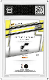 Keyonte George from the 2024 Panini The National VIP set featuring a Black Gold parallel graded by Arena Club and given an overall grade of 0.