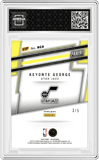Keyonte George from the 2024 Panini The National VIP set featuring a Black Gold parallel graded by Arena Club.