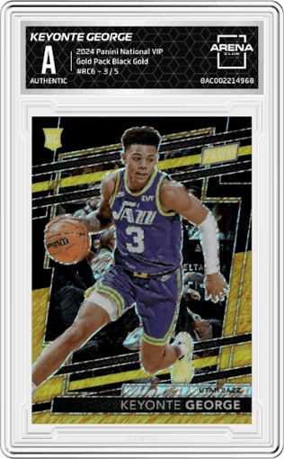 Keyonte George from the 2024 Panini The National VIP set featuring a Black Gold parallel graded by Arena Club.