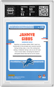 Jahmyr Gibbs from the 2023 Donruss Optic set featuring a Teal Velocity parallel graded by Arena Club and given an overall grade of 9.5.