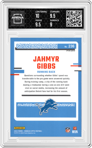 Jahmyr Gibbs from the 2023 Donruss Optic set featuring a Teal Velocity parallel graded by Arena Club and given an overall grade of 9.5.