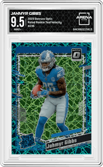 Jahmyr Gibbs from the 2023 Donruss Optic set featuring a Teal Velocity parallel graded by Arena Club and given an overall grade of 9.5.