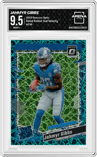 Jahmyr Gibbs from the 2023 Donruss Optic set featuring a Teal Velocity parallel graded by Arena Club and given an overall grade of 9.5.