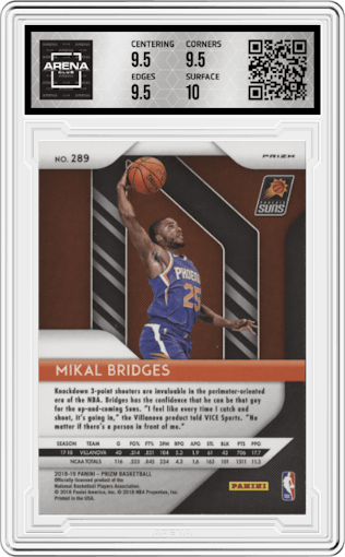 Mikal Bridges from the 2018-19 Panini Prizm set featuring a Red White Blue Prizm parallel graded by Arena Club and given an overall grade of 10.