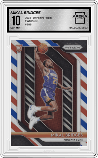 Mikal Bridges from the 2018-19 Panini Prizm set featuring a Red White Blue Prizm parallel graded by Arena Club and given an overall grade of 10.