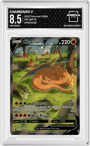 Charizard V from the 2022 Pokemon SWSH set featuring a Ultra Premium Collection parallel graded by Arena Club and given an overall grade of 8.5.