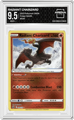 Radiant Charizard from the 2023 Pokemon SWSH set graded by Arena Club and given an overall grade of 9.5.