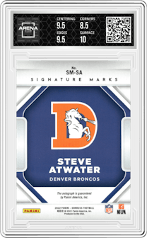 Steve Atwater from the 2022 Panini Donruss set featuring a Blue parallel graded by Arena Club and given an overall grade of 9.