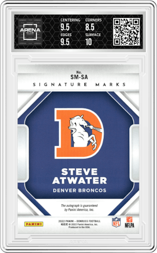 Steve Atwater from the 2022 Panini Donruss set featuring a Blue parallel graded by Arena Club and given an overall grade of 9.