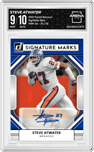 Steve Atwater from the 2022 Panini Donruss set featuring a Blue parallel graded by Arena Club and given an overall grade of 9.
