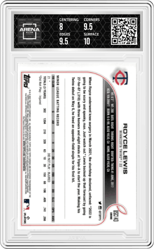 Royce Lewis from the 2022 Topps Chrome Update set featuring a Pink Wave Refractor parallel graded by Arena Club and given an overall grade of 8.5.