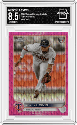 Royce Lewis from the 2022 Topps Chrome Update set featuring a Pink Wave Refractor parallel graded by Arena Club and given an overall grade of 8.5.