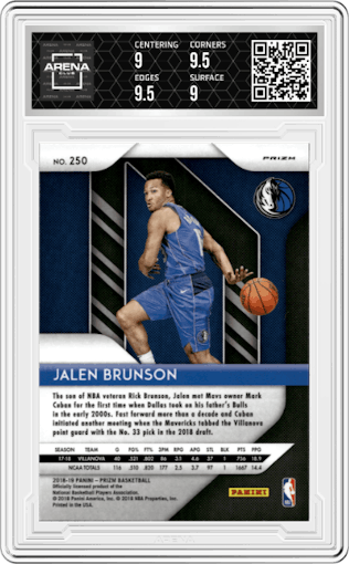 Jalen Brunson from the 2018-19 Panini Prizm set featuring a Pink Ice parallel graded by Arena Club and given an overall grade of 9.5.