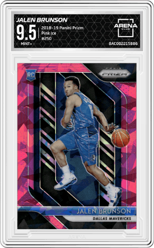 Jalen Brunson from the 2018-19 Panini Prizm set featuring a Pink Ice parallel graded by Arena Club and given an overall grade of 9.5.