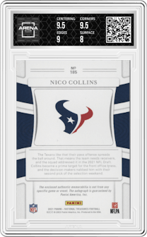 Nico Collins from the 2021 Panini National Treasures set graded by Arena Club and given an overall grade of 8.5.