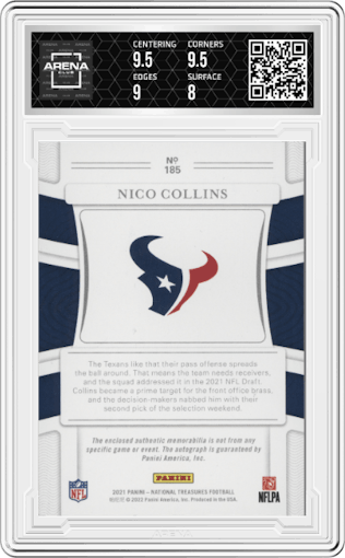 Nico Collins from the 2021 Panini National Treasures set graded by Arena Club and given an overall grade of 8.5.
