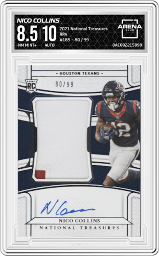 Nico Collins from the 2021 Panini National Treasures set graded by Arena Club and given an overall grade of 8.5.