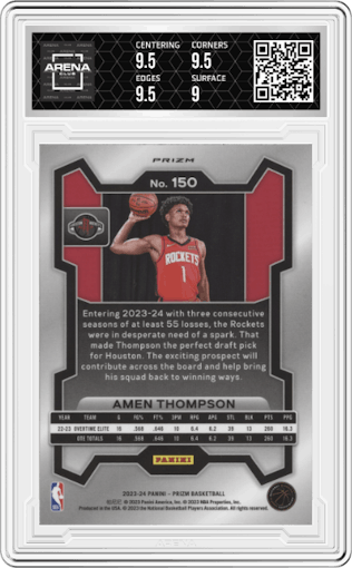 Amen Thompson from the 2023-24 Panini Prizm set featuring a Silver Prizm  parallel graded by Arena Club and given an overall grade of 9.5.