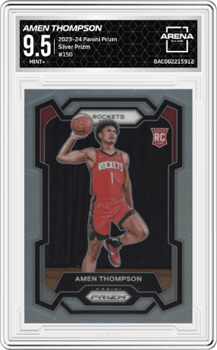 Amen Thompson from the 2023-24 Panini Prizm set featuring a Silver Prizm  parallel graded by Arena Club and given an overall grade of 9.5.