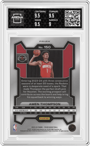 Amen Thompson from the 2023-24 Panini Prizm set featuring a Silver Prizm  parallel graded by Arena Club and given an overall grade of 9.5.