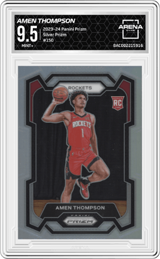 Amen Thompson from the 2023-24 Panini Prizm set featuring a Silver Prizm  parallel graded by Arena Club and given an overall grade of 9.5.