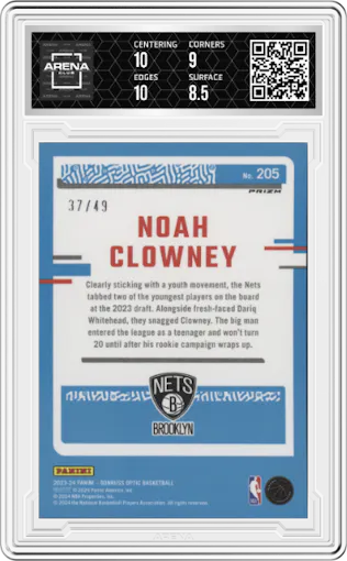 Noah Clowney from the 2023-24 Donruss Optic set featuring a Green Velocity parallel graded by Arena Club and given an overall grade of 9.