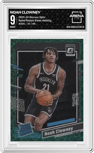 Noah Clowney from the 2023-24 Donruss Optic set featuring a Green Velocity parallel graded by Arena Club and given an overall grade of 9.