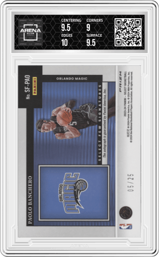 Paolo Banchero from the 2023-24 Panini Select  set featuring a Tie-Dye Prizm parallel graded by Arena Club and given an overall grade of 9.5.